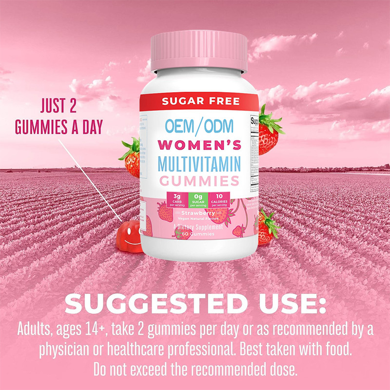 Vitamine del multivitaminico delle donne quotidiane di sostegno immune con la pelle organica dei capelli degli ingredienti ed inchiodare gommoso