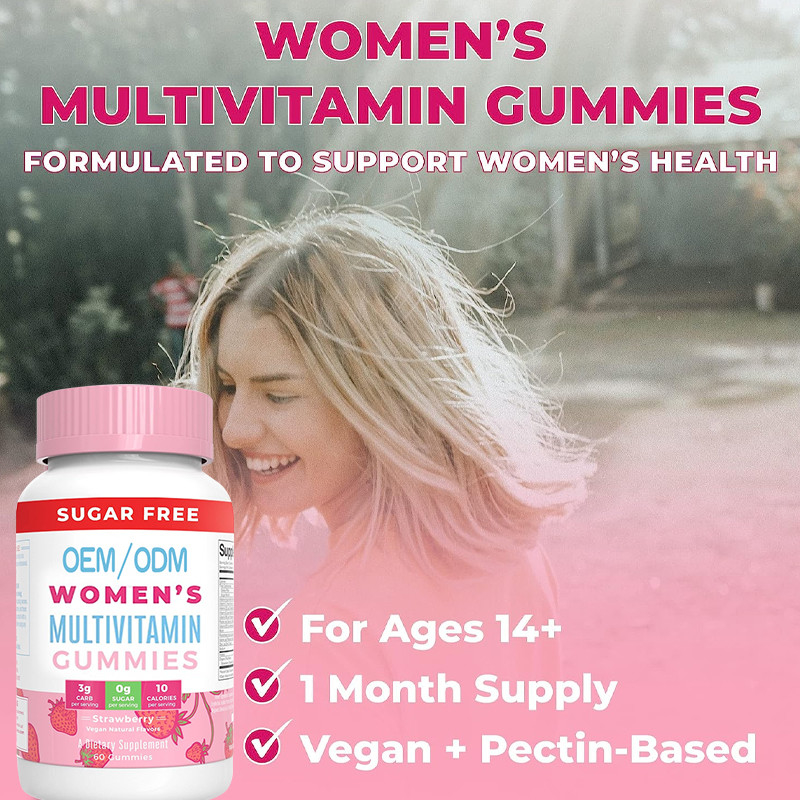 Vitamine del multivitaminico delle donne quotidiane di sostegno immune con la pelle organica dei capelli degli ingredienti ed inchiodare gommoso