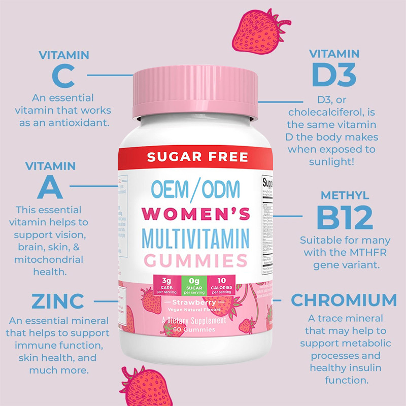 Vitamine del multivitaminico delle donne quotidiane di sostegno immune con la pelle organica dei capelli degli ingredienti ed inchiodare gommoso