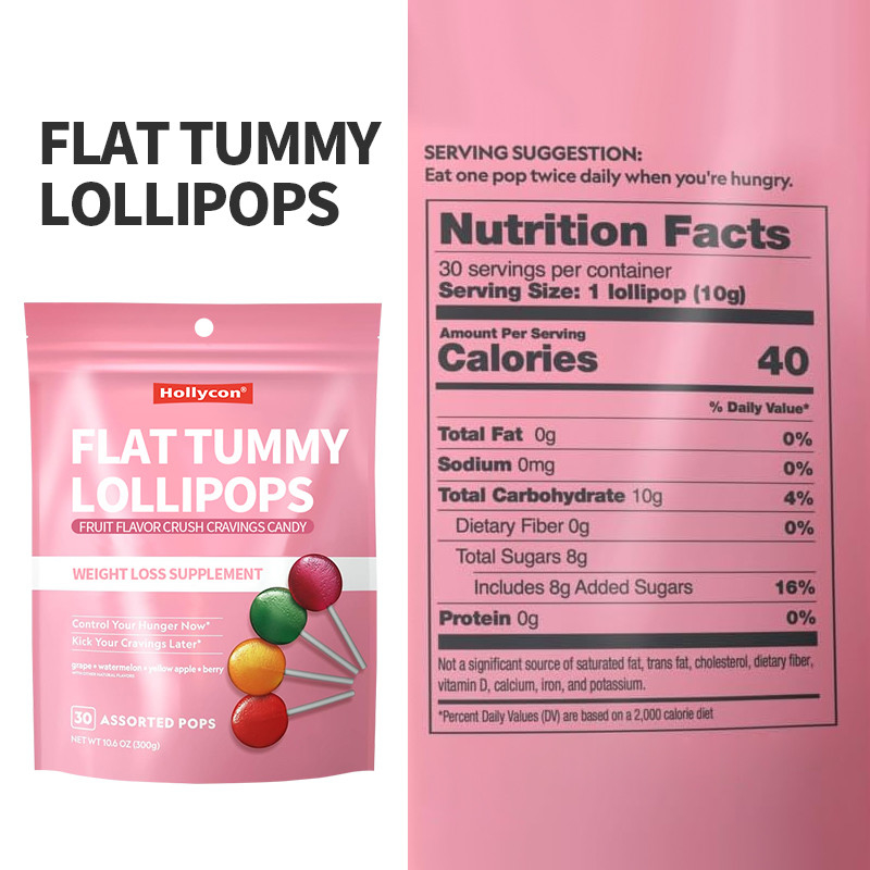 Etichetta privata Fruit Flavor Crush Cravings Candy Flat Belly Lollipops Supplemento di perdita di peso