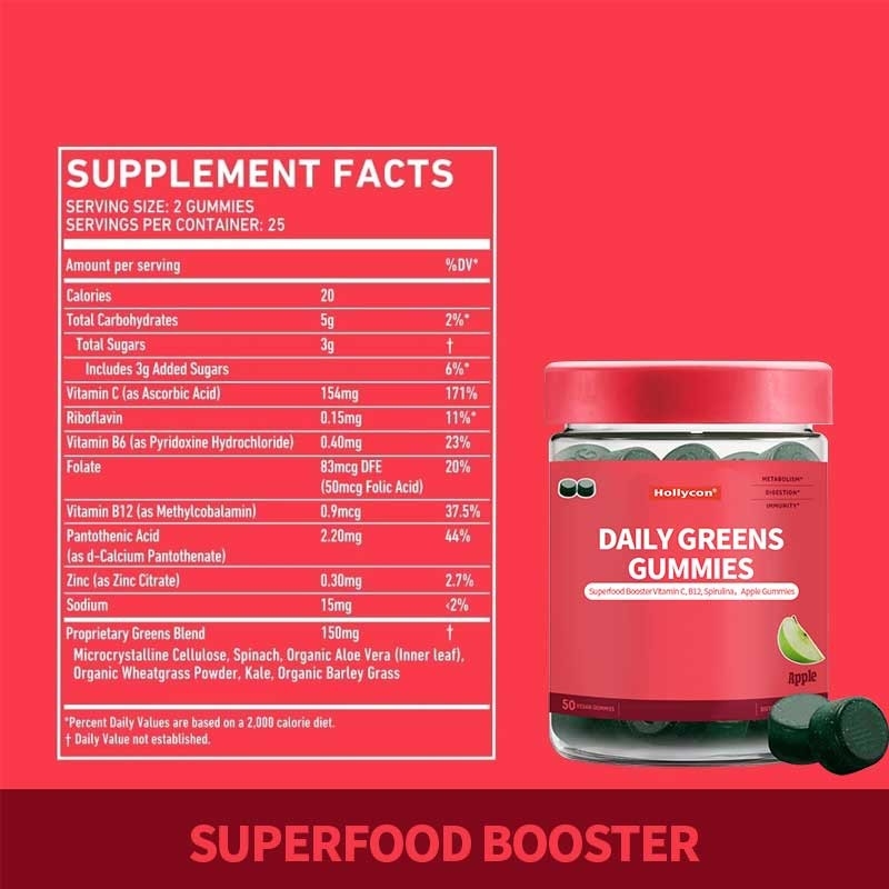 2024 Nuovo arrivo Daily Greens Gummies Superfood Booster Vitamina C B12 Spirulina Apple Gummies