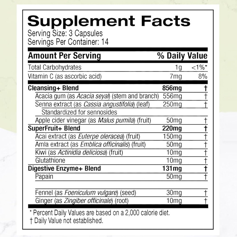 Capsule di disintossicazione da 7 giorni con foglia di senna Vitamina C Enzimi digestivi Probiotici Capsule di bacche di acai