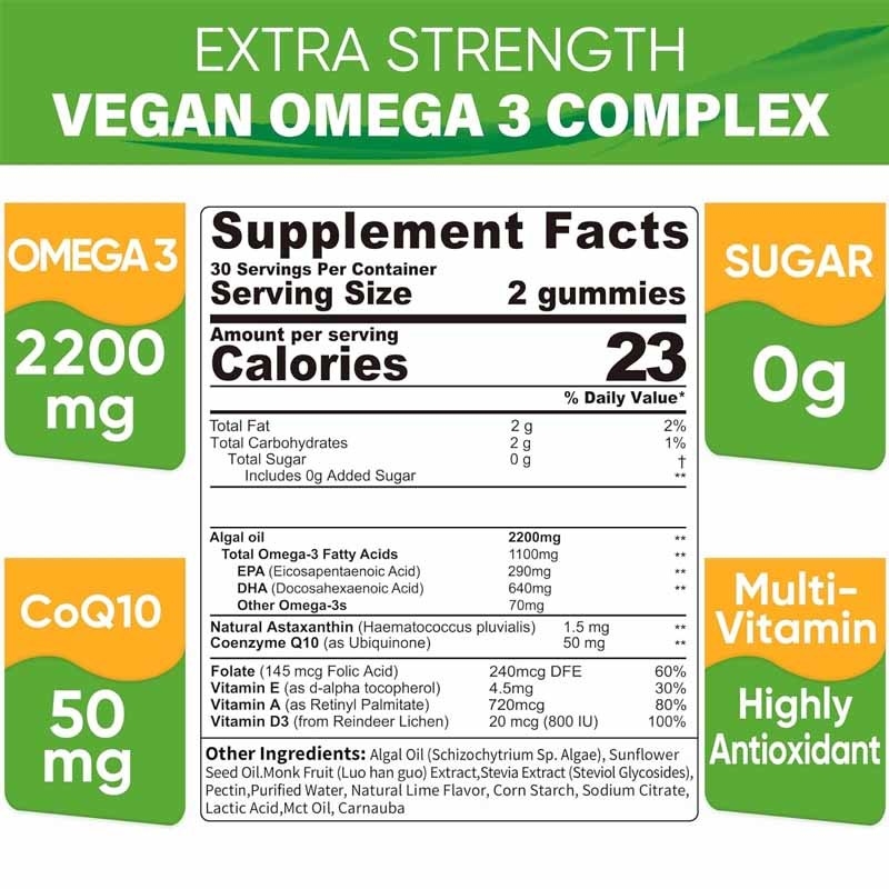 Supporto OEM DHA Vitamina E A D3 per le articolazioni dell'occhio e del cervello Alghe Omega-3 2200mg gomme