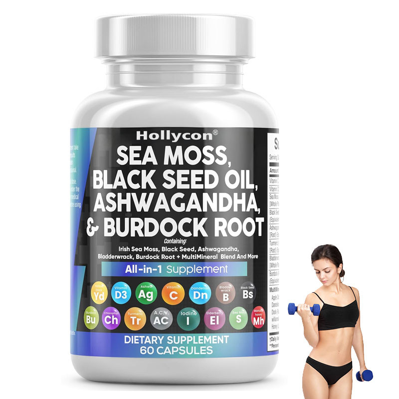 OEM Ashwagandha Curcuma Vitamina C D3 per adulti Muschio marino Capsule di olio di semi neri