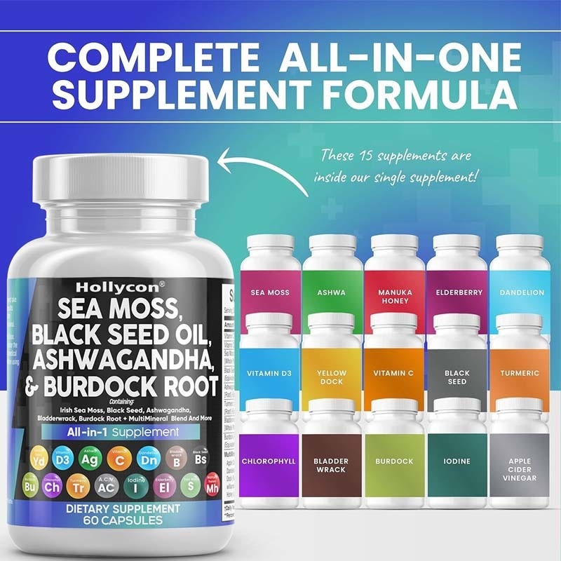 OEM Ashwagandha Curcuma Vitamina C D3 per adulti Muschio marino Capsule di olio di semi neri