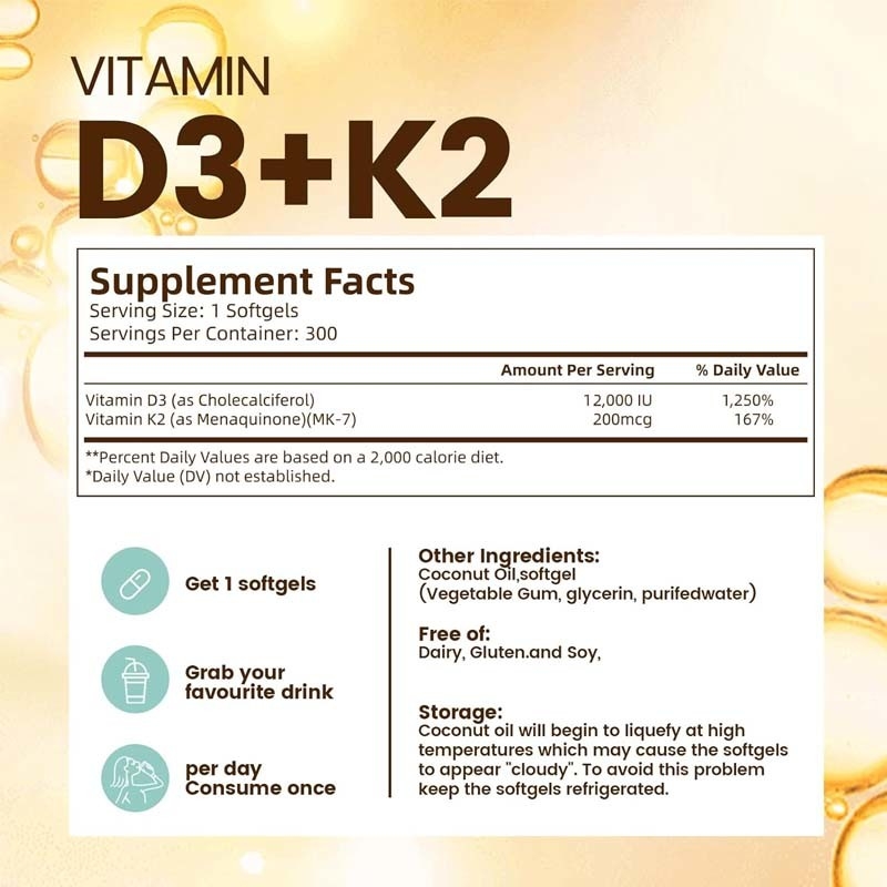 OEM Assorbimento di calcio Osso Immunità e salute del cuore Vitamina D3 K2 olio di cocco Softgels