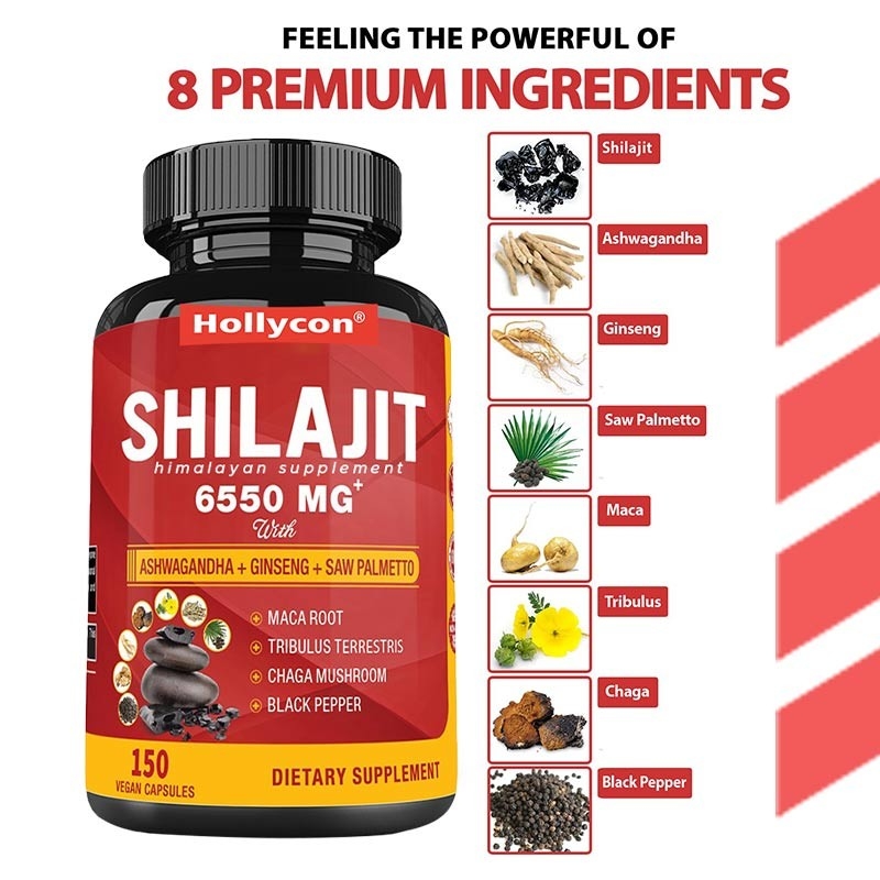 Supplemento di Shilajit dell'Himalaya Supporta energia e sistema immunitario Combinato Ashwagandha Ginseng Saw Palmetto Maca