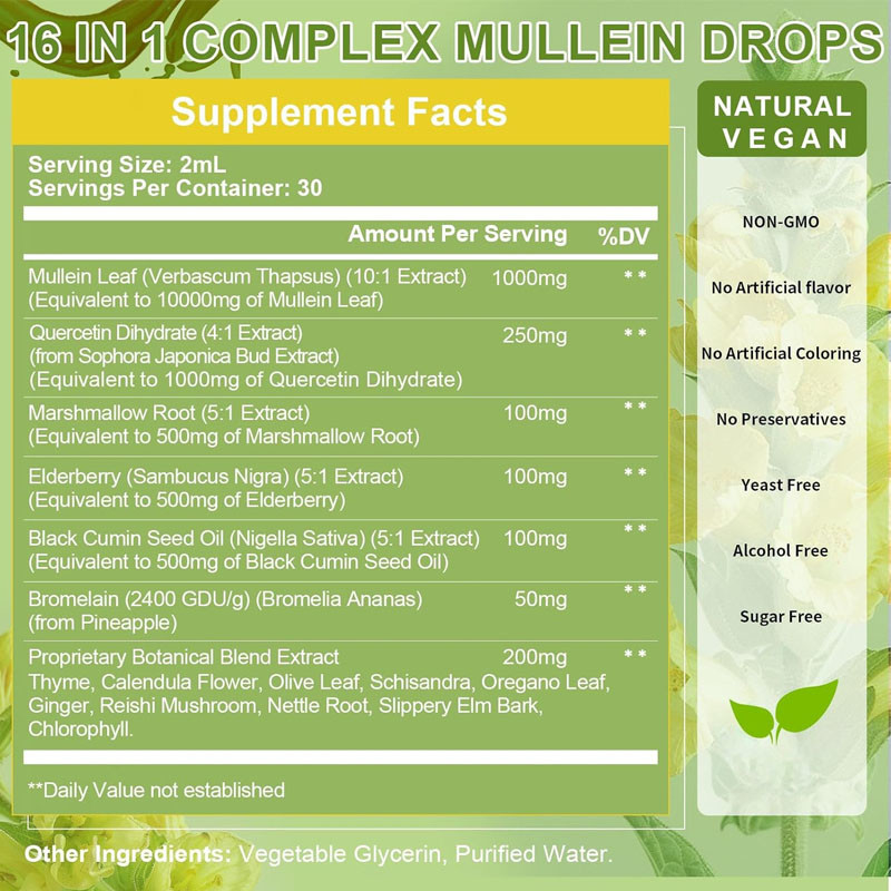 Gocce di mullein per disintossicare i polmoni Pulire Vegano Estratto di foglie di mullein per adulti