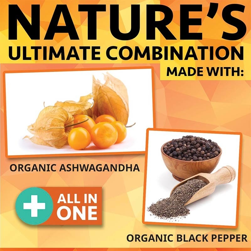 Le capsule di ashwagandha organiche con pepe nero aiutano a alleviare lo stress, dormire, cadere e combattere l'affaticamento.