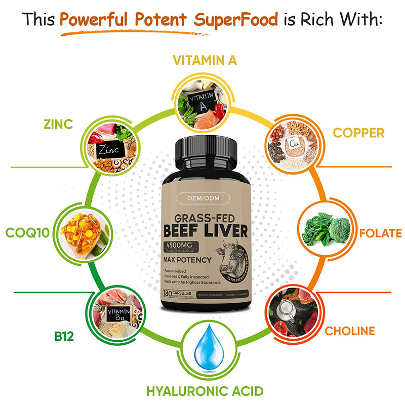 Capsule di fegato di manzo essiccato alimentato con erba per uomini e donne Capsule di fegato di manzo