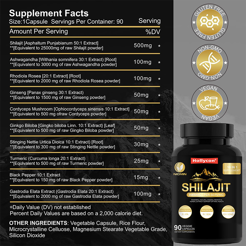 Supplemento di Shilajit Organico dell'Himalaya per il Supporto Immunitario 25000mg Capsule di Shilajit