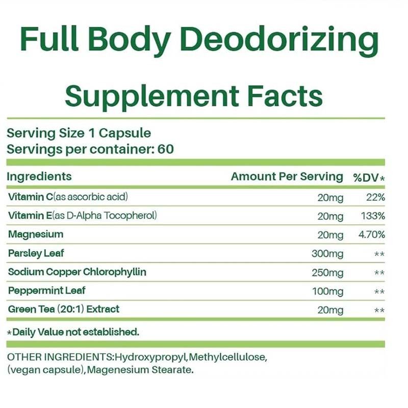 Supplemento di deodorazione del corpo - pillole di controllo degli odori interni naturali per uomini e donne | Capsule di clorofilla per respiro, corpo e salute dell'intestino