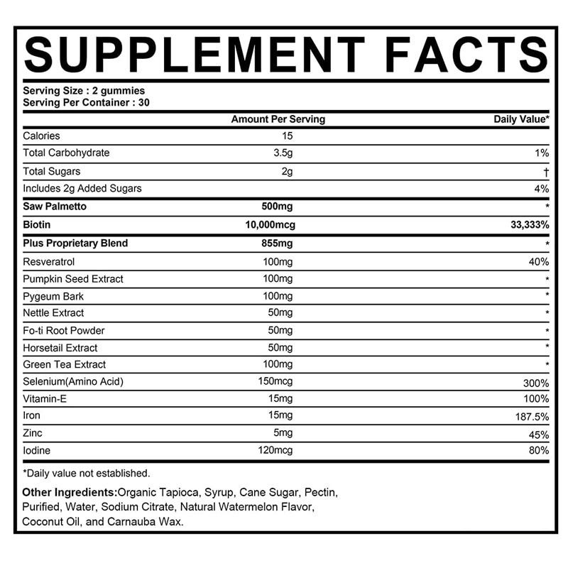 Integratore per la crescita dei capelli per donne e uomini in gommine con bloccante DHT, supporta l'equilibrio ormonale e la salute della prostata, gommine con Saw Palmetto