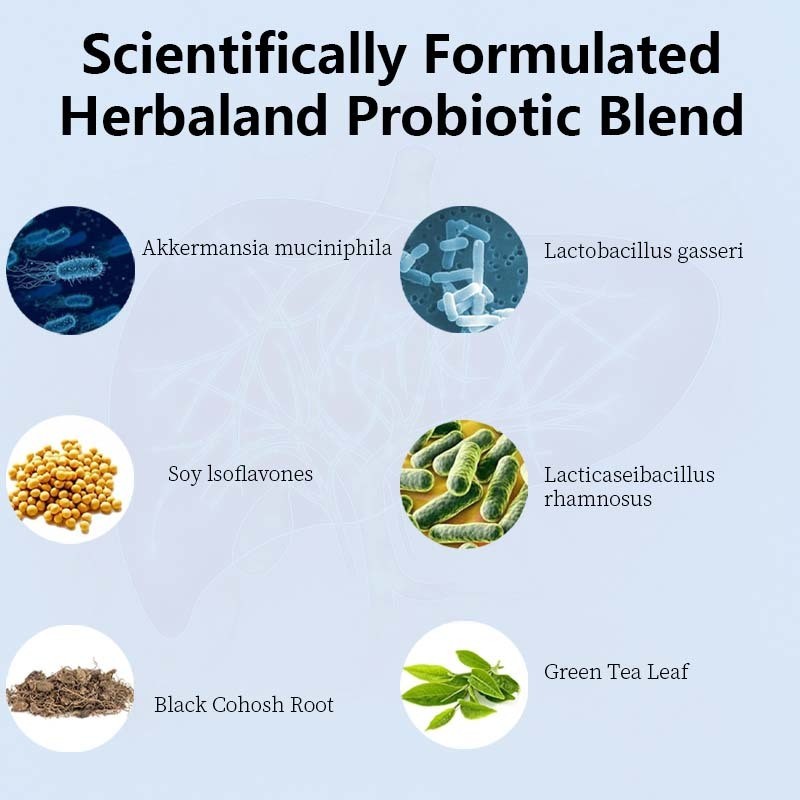 Integratori probiotici per donne in menopausa realizzati in fabbrica OEM / ODM - 60 miliardi di CFU Akkermansia Probiotici per l'equilibrio ormonale, sudorazioni notturne, sollievo dalle vampate di calore, salute dell'intestino, formula personalizzata