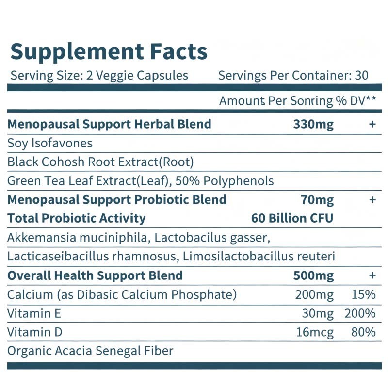 Integratori probiotici per donne in menopausa realizzati in fabbrica OEM / ODM - 60 miliardi di CFU Akkermansia Probiotici per l'equilibrio ormonale, sudorazioni notturne, sollievo dalle vampate di calore, salute dell'intestino, formula personalizzata