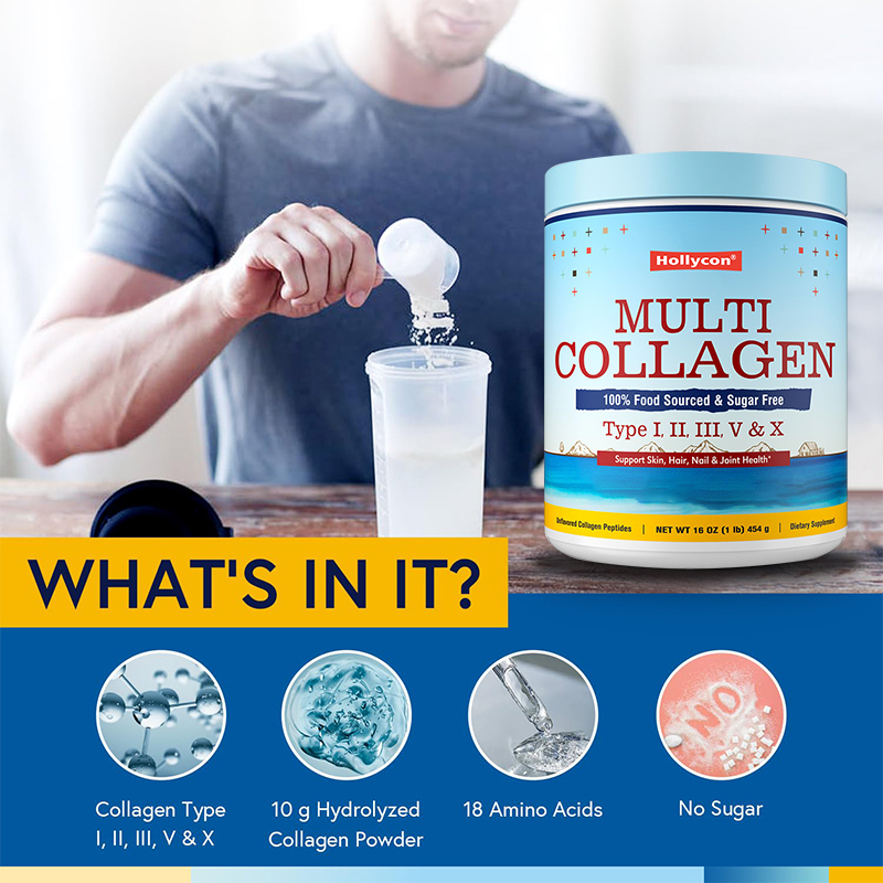 Multicollagen Peptides Powder Tipo I II III V X Supplemento di collagene idrolizzato 454 g Dose giornaliera personalizzata di 3 g