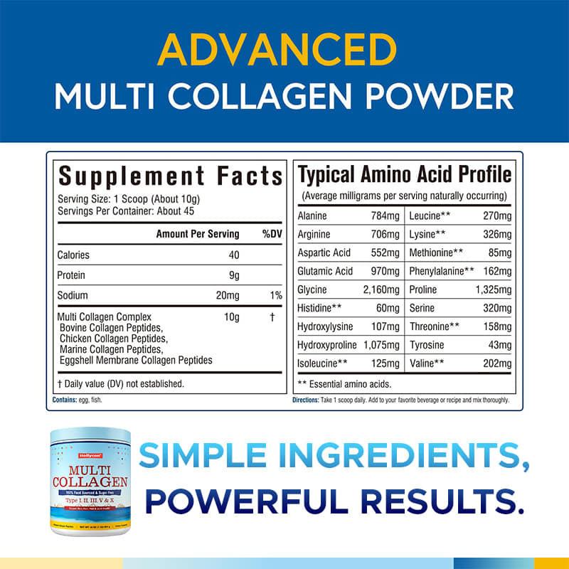 Multicollagen Peptides Powder Tipo I II III V X Supplemento di collagene idrolizzato 454 g Dose giornaliera personalizzata di 3 g