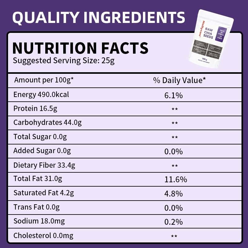 Semi di chia OEM / ODM 500g, confezione da 1 | Semi per mangiare | Semi per la gestione del peso | Ricchi di calcio, proteine e fibre, senza zuccheri aggiunti, formula personalizzata