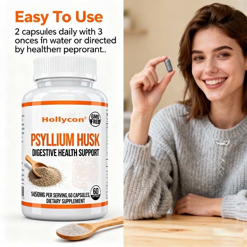 Psyllium Husk Capsule ¢ 60 Count ¢ Supplemento di supporto intestinale e del colon ¢ Promuove la salute e la regolarità digestiva ¢ Non OGM, formula ad alta fibra private label, OEM disponibile, prezzo di fabbrica