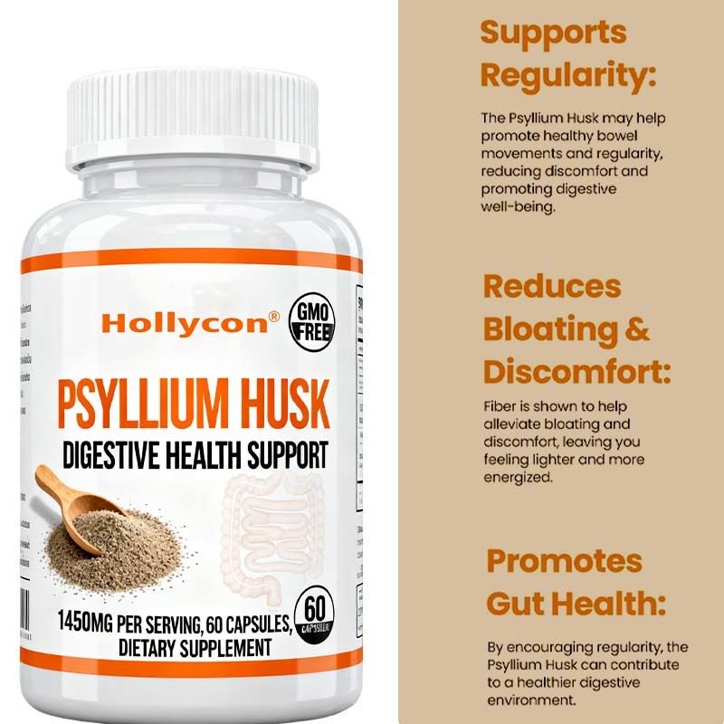 Psyllium Husk Capsule ¢ 60 Count ¢ Supplemento di supporto intestinale e del colon ¢ Promuove la salute e la regolarità digestiva ¢ Non OGM, formula ad alta fibra private label, OEM disponibile, prezzo di fabbrica