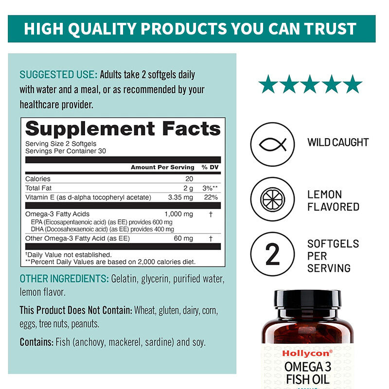 Integratore OEM Omega 3 1000mg per porzione 600 EPA & 400 DHA e supporto di vitamina E per la salute del cuore e del cervello Omega 3 Olio di pesce