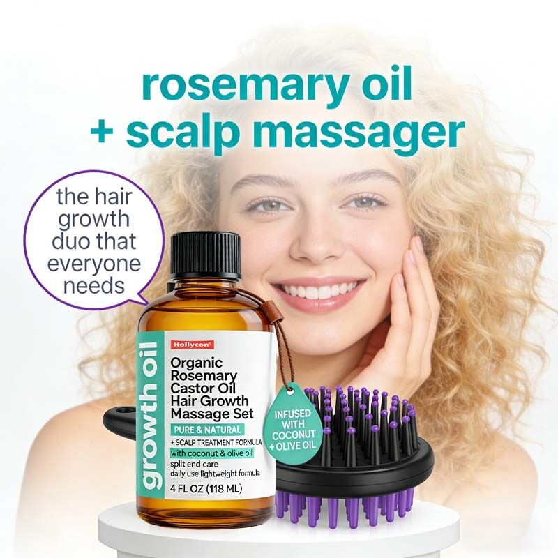 Set Massaggio Crescita Capelli con Olio di Rosmarino Biologico e Olio di Ricino per la Cura del Cuoio Capelluto, Trattamento Nutriente per Capelli Più Spessi e Folti