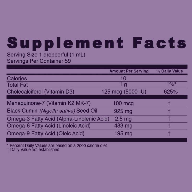 OEM/ODM Olio di semi neri personalizzato Gocce liquide con vitamina D3 K2 & E Supporta la salute immunitaria e ossea, salute intestinale, antiossidante